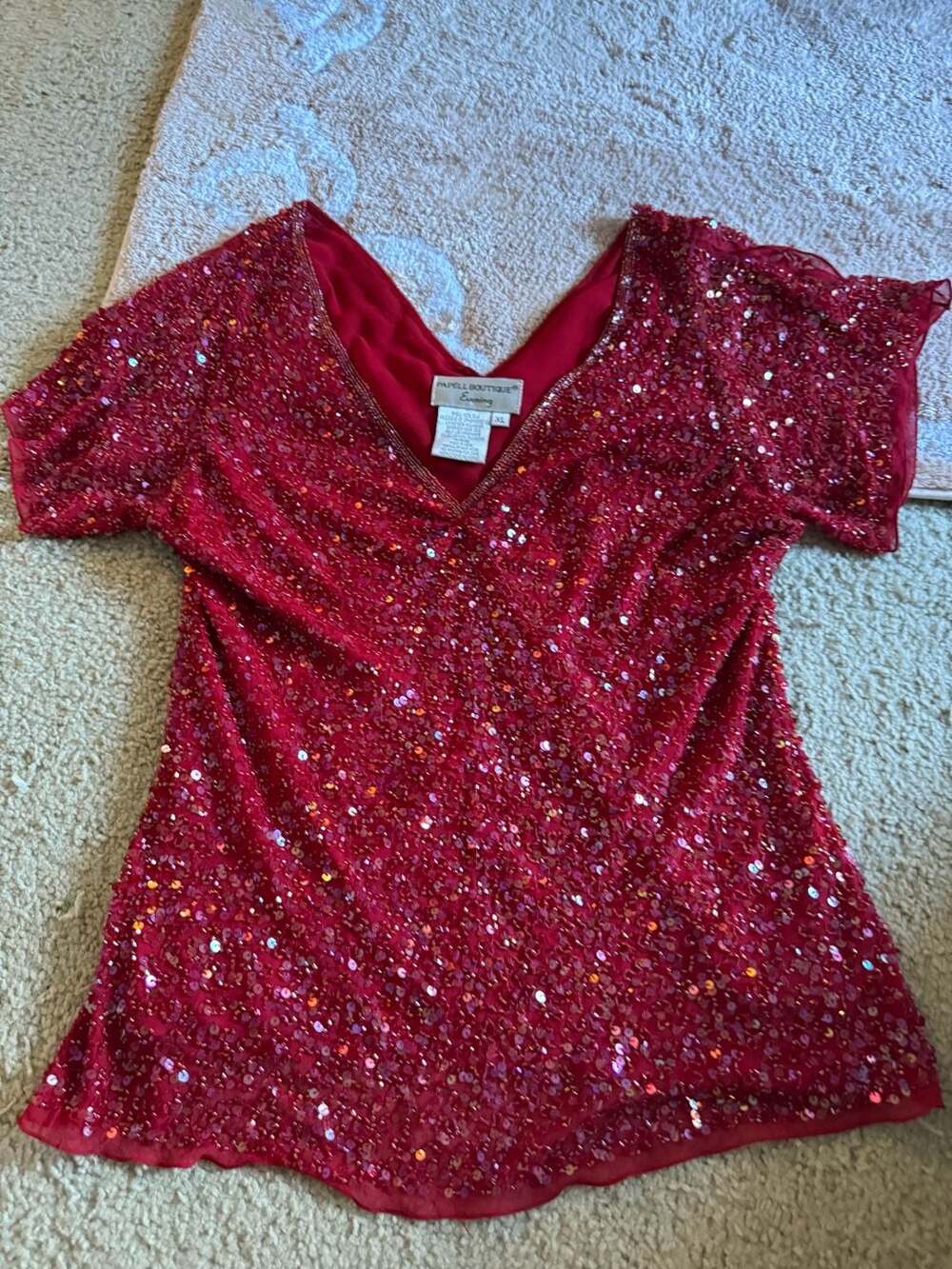 Papell Boutique Evening Red 100% Silk Sequin Beaded Blouse Top XL - Picture 13 of 13
